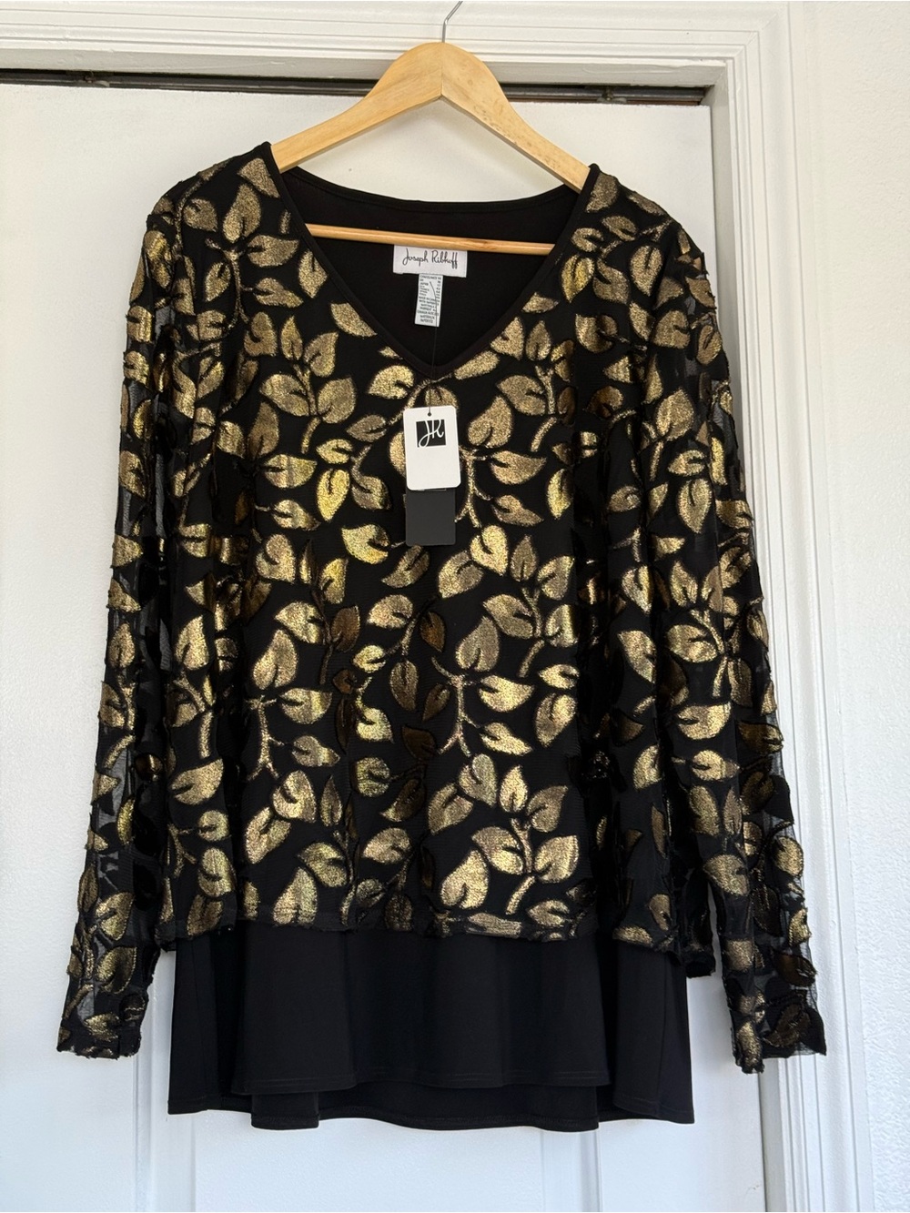 Joseph Ribkoff Black with Gold Leaf-Print Long Sleeve V-Neck Dress